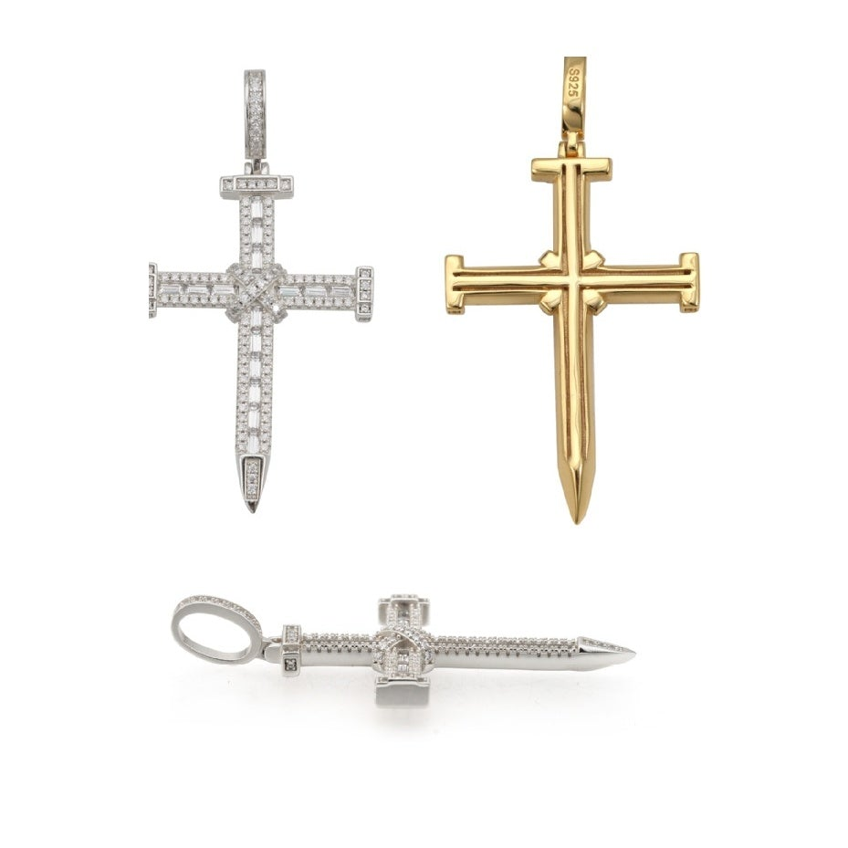 S925 Silver Nail Cross Pendant w/ Moissanite, GRA