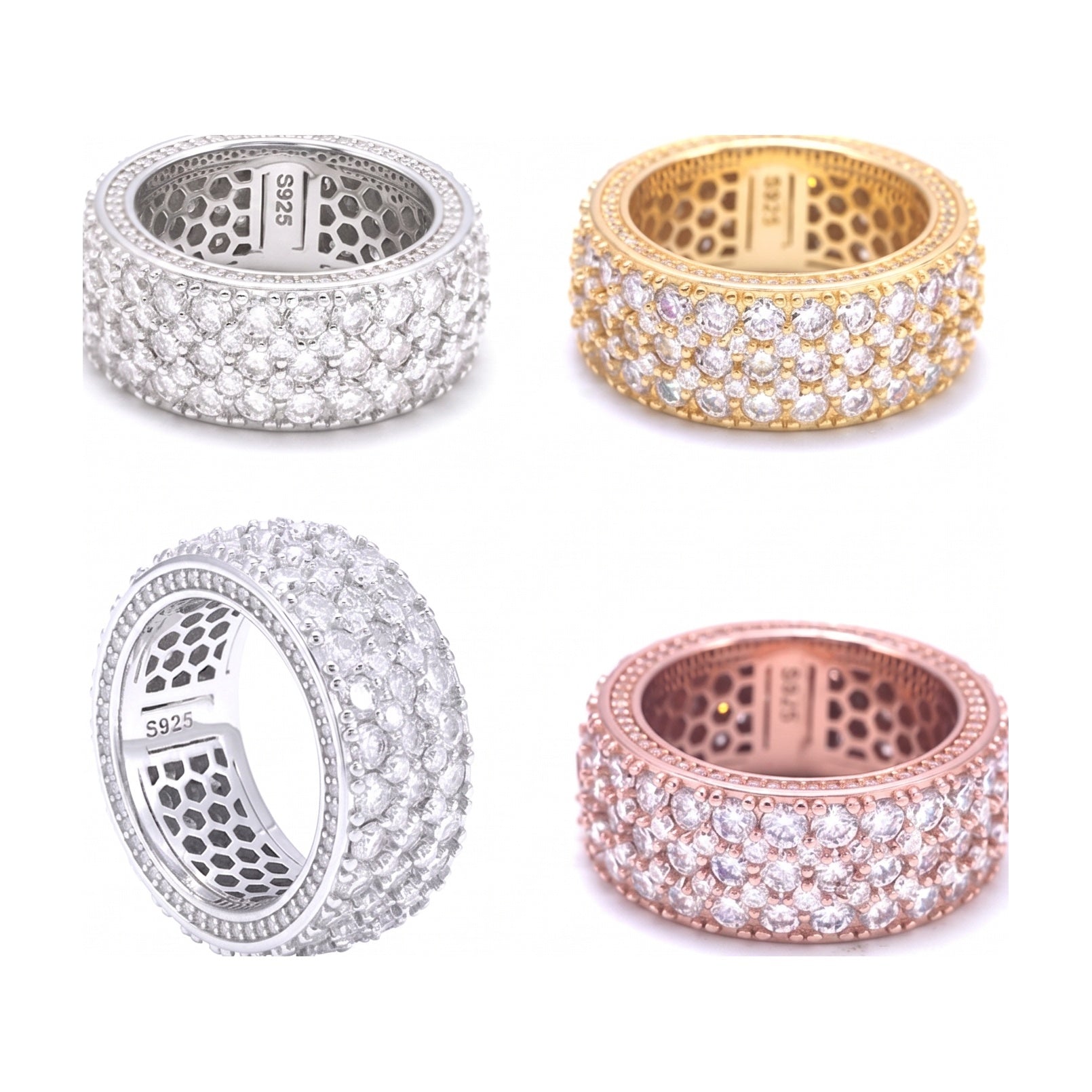 S925 Silver 3-Row Moissanite Ring, Unisex, Casual Style