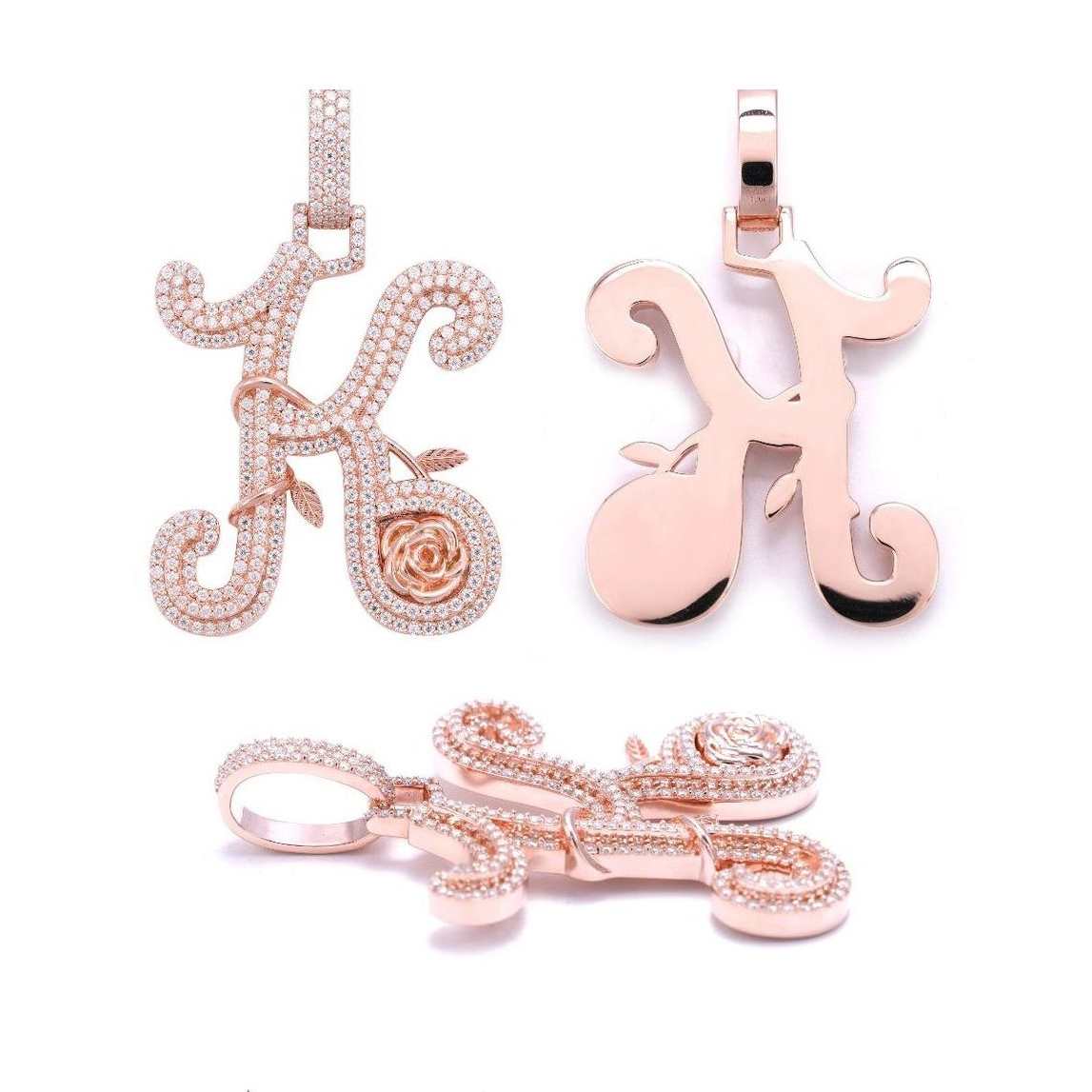 Letter K Pendant, S925, Moissanite, Rose Combo