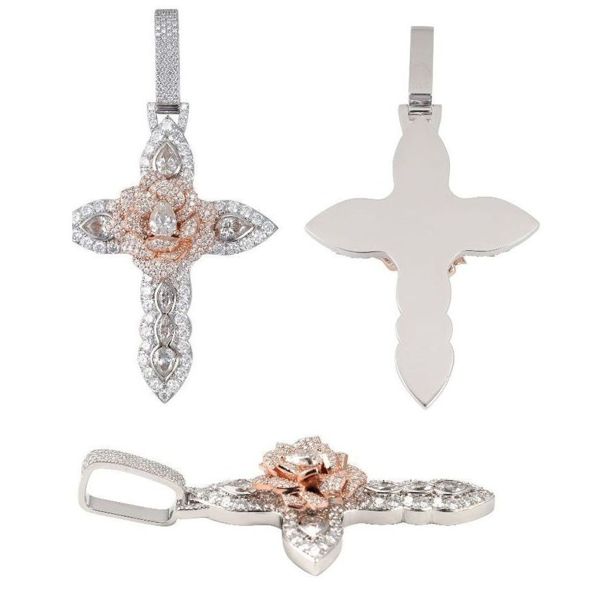Rose cross pendant, S925 silver, moissanite, hip-hop street