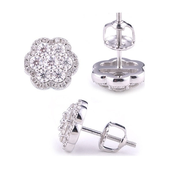 Flower moissanite stud earrings, S925 silver, full pave hip-hop style