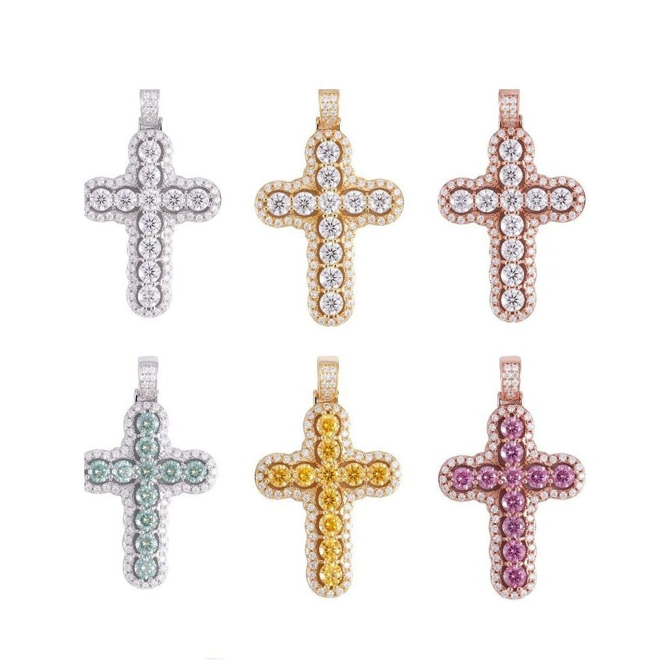 Rainbow Cross Pendant, S925 Silver Moissanite