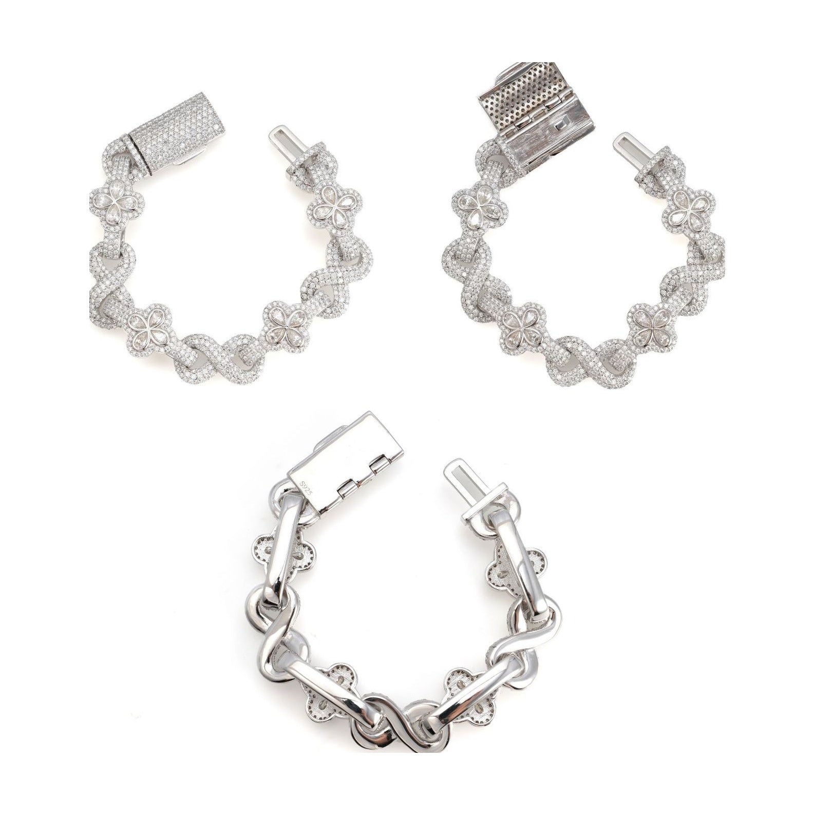 13mm Cuban bracelet, S925 silver, moissanite, four-leaf clover