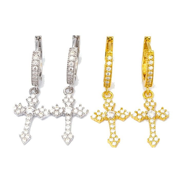 Cross ear cuff, 925 silver moissanite, gold plated stud earrings